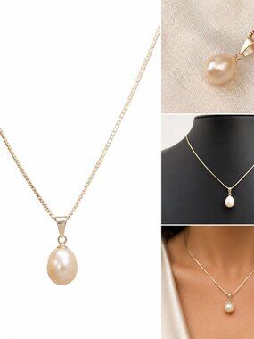 Handmade Pearl Jewelry Silver Necklace White Pearl Drop Pendant 50cm